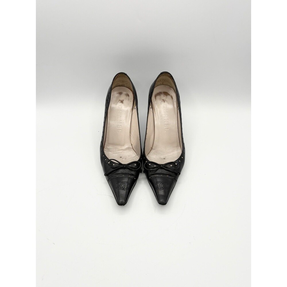 Chanel Black Perforated Leather Pointed Toe Heels CC Logo Toe & Bow Size EU 35